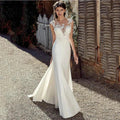 Cap Sleeve Appliques Lace Sheath Wedding Dress  Illusion Bohemian Bridal Gowns Beach Satin Vestido De Novia