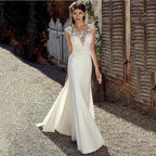 Cap Sleeve Appliques Lace Sheath Wedding Dress  Illusion Bohemian Bridal Gowns Beach Satin Vestido De Novia