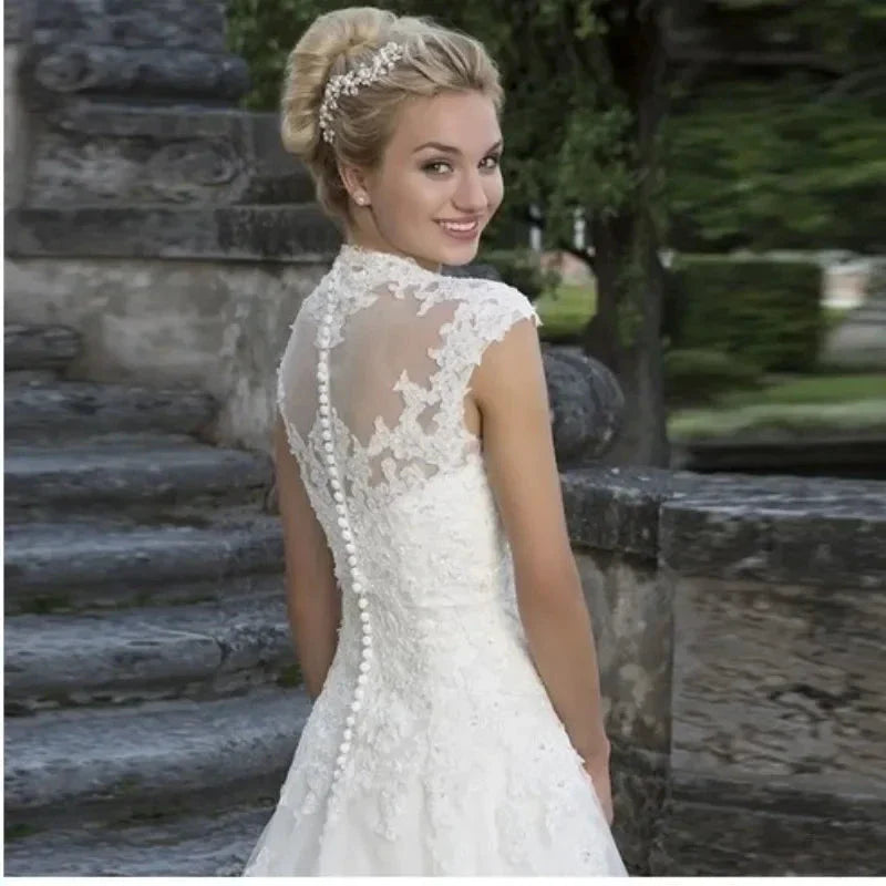 Cap Sleeve Wedding Dresses Amazing Neck Vestidos De Novia Appliques Vestido De Noiva Lace Robe De Mariée