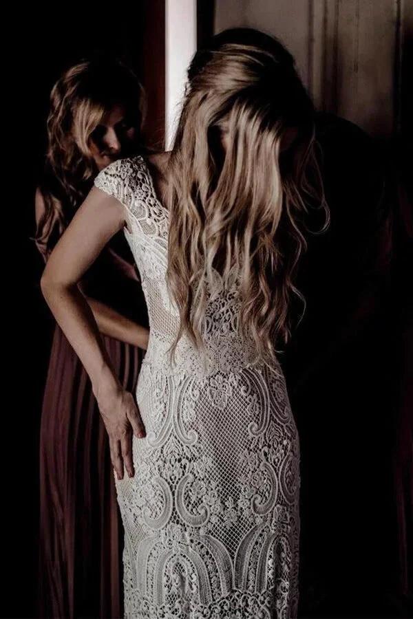 Cap Sleeve Sheath Boho Wedding Dresses Vintage Lace Rustic Wedding Dress MW314