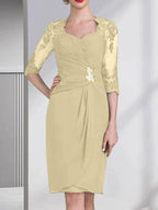 Sheath/Column Sweetheart Knee-Length Chiffon Mother of the Bride Dress With Beading Appliques Lace Sequins Pleated
