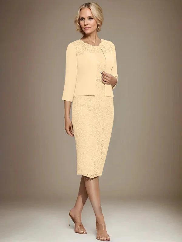 Sheath/Column Scoop Knee-Length Chiffon Lace Mother of the Bride Dress With Beading