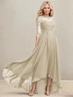 A-line Scoop Illusion Asymmetrical Lace Chiffon Mother of the Bride Dress With Pleated Sequins