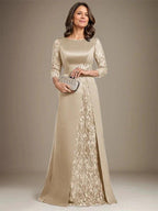 A-Line Scoop Floor-Length Lace Satin Mother Of the Bride Dress With Applique