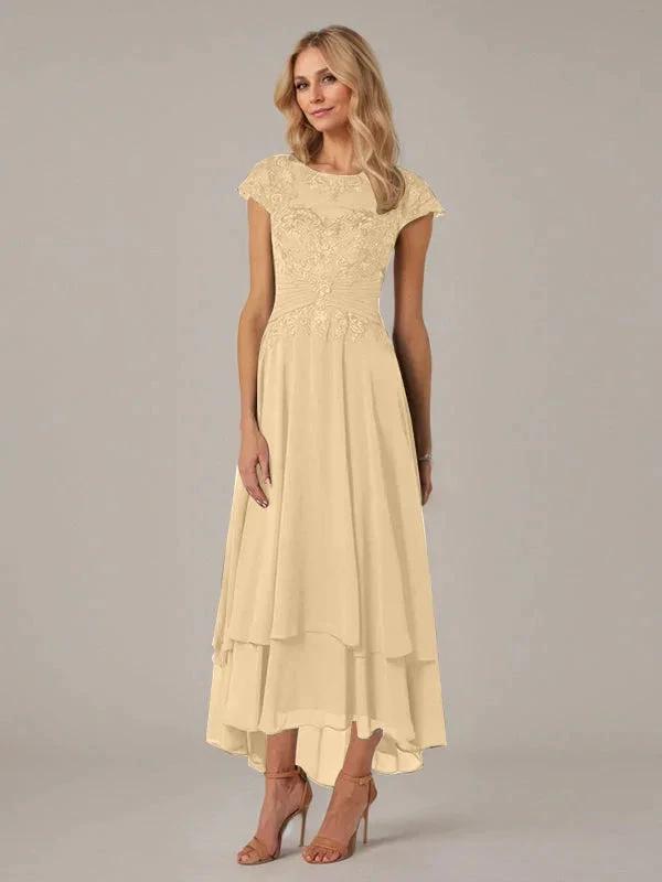 A-line Boat Neck Illusion Asymmetrical Chiffon Lace Mother of the Bride Dress With Applique Pleats