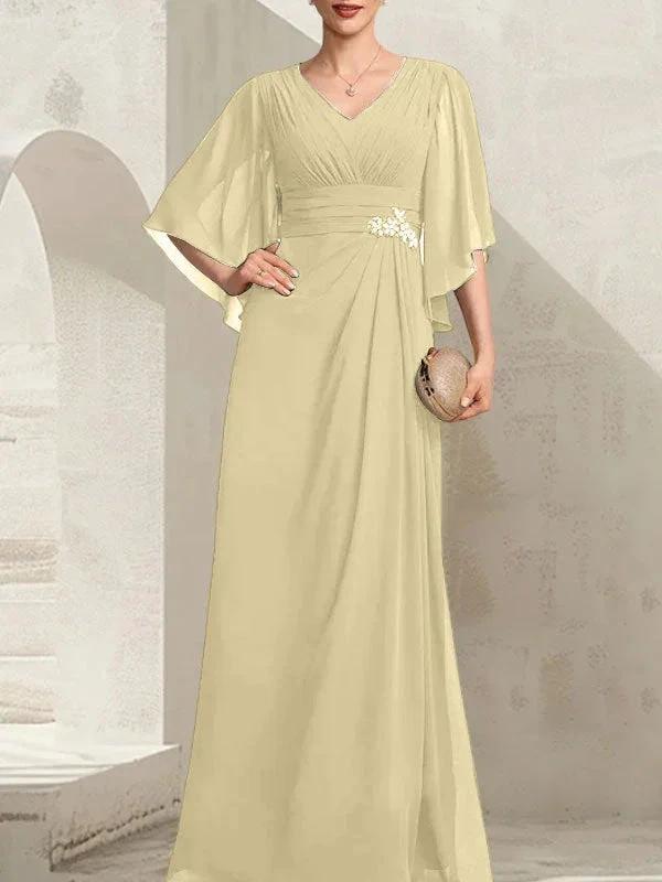 Sheath/Column V-Neck Floor-Length Chiffon Mother of the Bride Dress With Pleated Sequins Beading