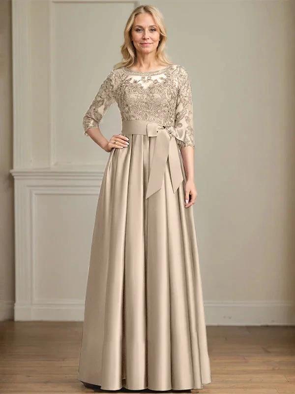 A-line Scoop Illusion Floor-Length Satin Lace Mother of the Bride Dress With Sequins Bow