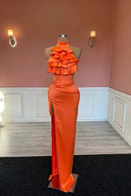 Charming High Neck Mermaid Stain Ruffles Prom Dress with Split