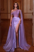 Charming Long Mermaid One Shoulder Satin Evening Prom Dress with Side Slit