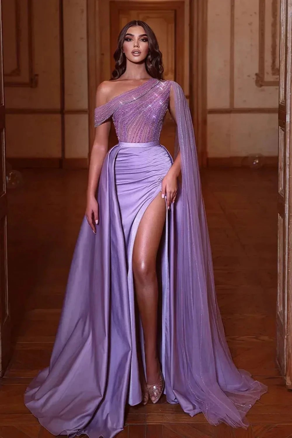 Charming Long Mermaid One Shoulder Satin Evening Prom Dress with Side Slit