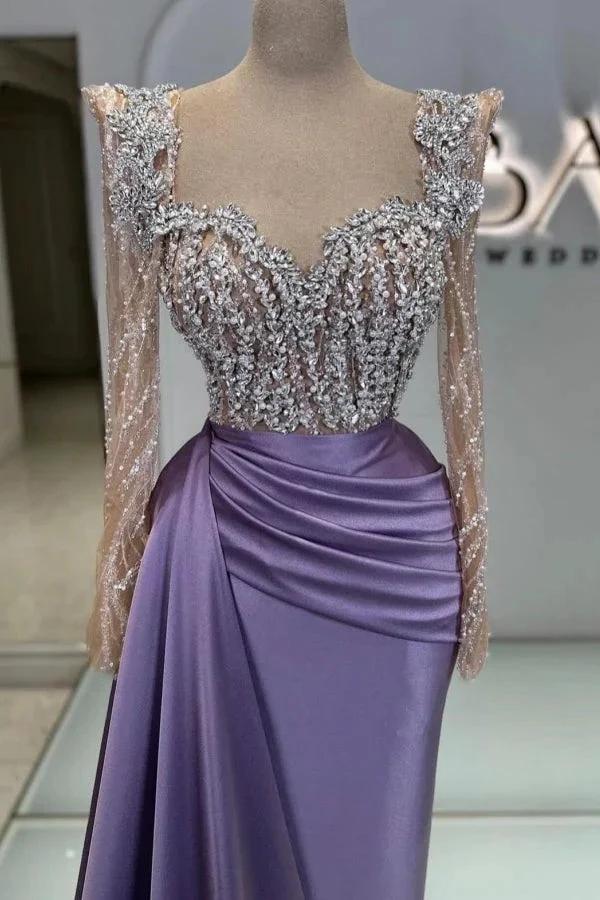 Charming Long Mermaid Sweetheart Satin Beads Formal Prom Dresses with Sleeves