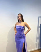 Charming Long Purple Strapless Satin Split Front Sleeveless Prom Dress With Ruffles