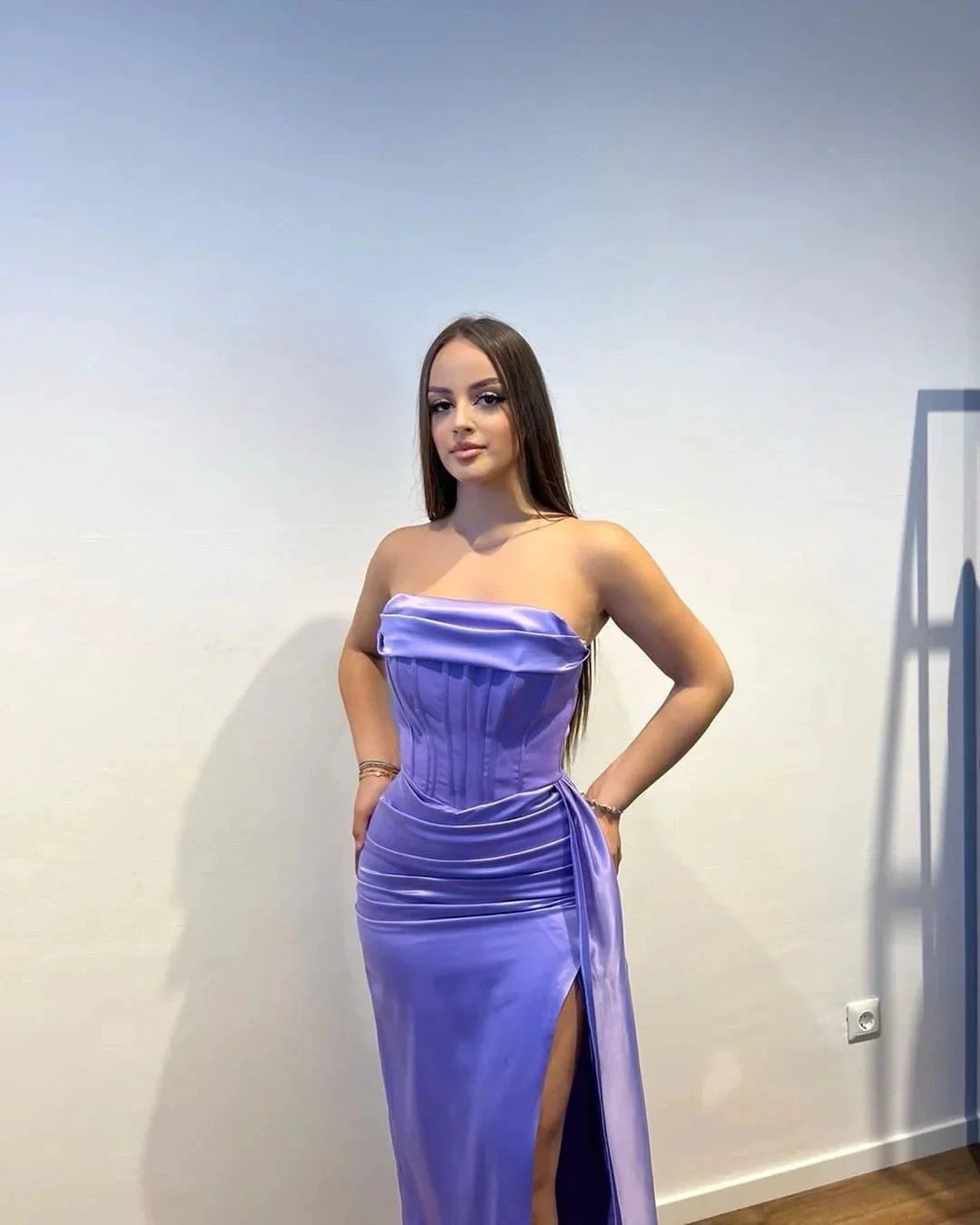 Charming Long Purple Strapless Satin Split Front Sleeveless Prom Dress With Ruffles