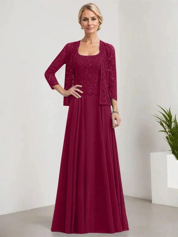 A-line Square Floor-Length Lace Chiffon Mother of the Bride Dress With Sequins