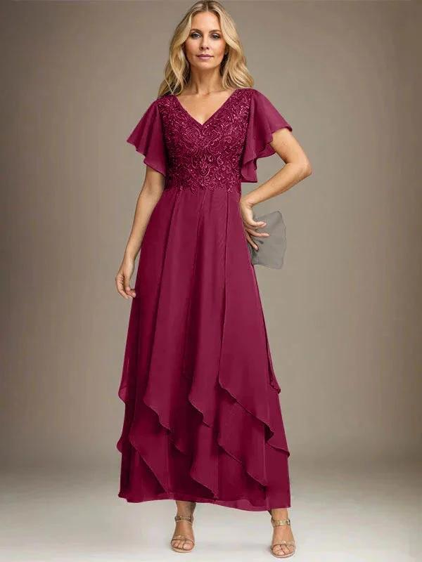 A-line V-Neck Ankle-Length Lace Chiffon Mother of the Bride Dress With Cascading Ruffles