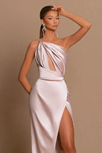 Simple A-line One Shoulder Satin Long Prom Dresses with Slit
