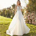Chiffon Lace Bridal Dresses Deep V-Neck Wedding Gown A-Line Sleeveless robe de mariée bohème Buttons Backless Bride Custom Made