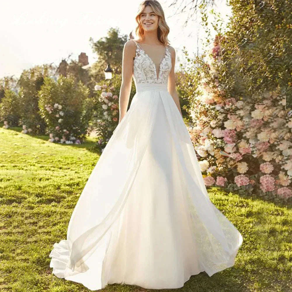 Chiffon Lace Bridal Dresses Deep V-Neck Wedding Gown A-Line Sleeveless robe de mariée bohème Buttons Backless Bride Custom Made