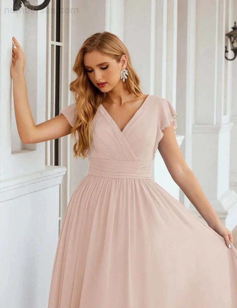 Numbersea V-Neck Bridesmaid Dress Floor Length Backless Formal Evening Dress 28024