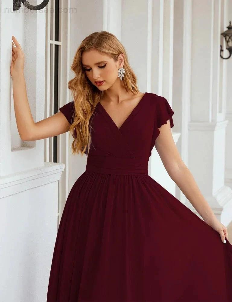 Numbersea V-Neck Bridesmaid Dress Floor Length Backless Formal Evening Dress 28024