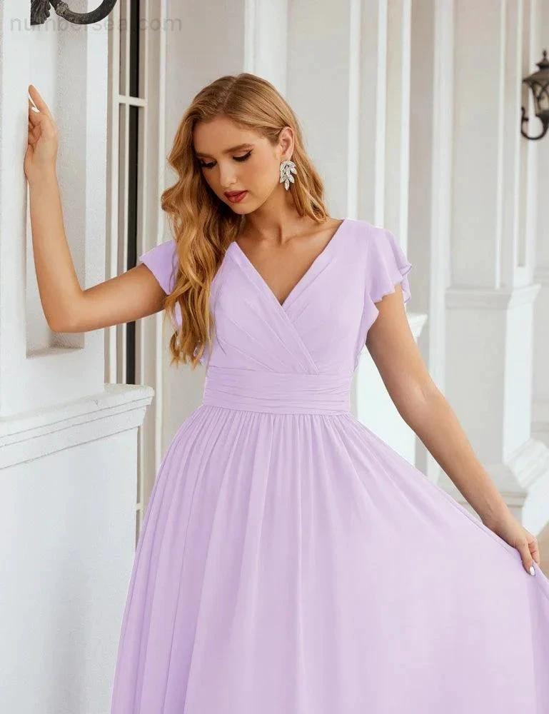 Numbersea V-Neck Bridesmaid Dress Floor Length Backless Formal Evening Dress 28024