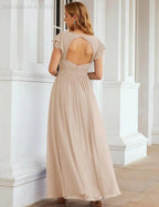 Numbersea V-Neck Bridesmaid Dress Floor Length Backless Formal Evening Dress 28024