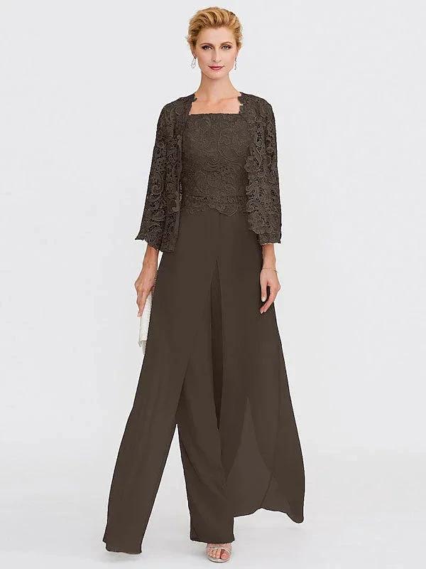 3 Piece Chiffon Square Neck Mother of the Bride Pantsuits with Jacket