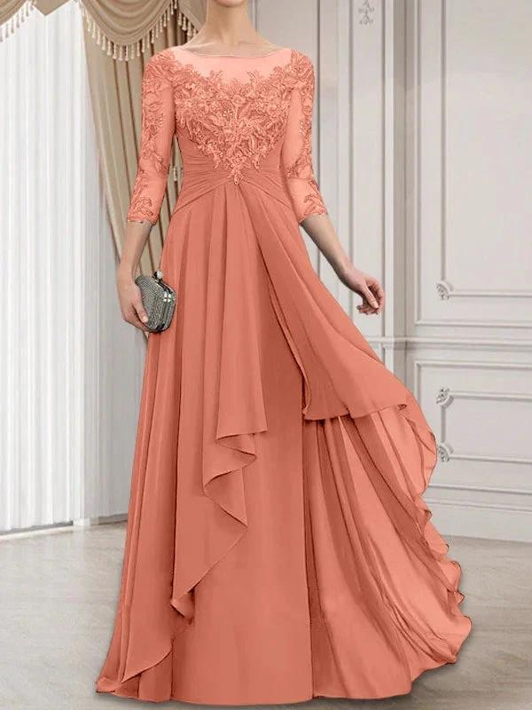A-line Scoop Illusion Floor-Length Lace Chiffon Mother of the Bride Dress With Cascading Ruffles
