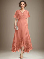 A-line V-Neck Asymmetrical Lace Chiffon Mother of the Bride Dress With Pleated