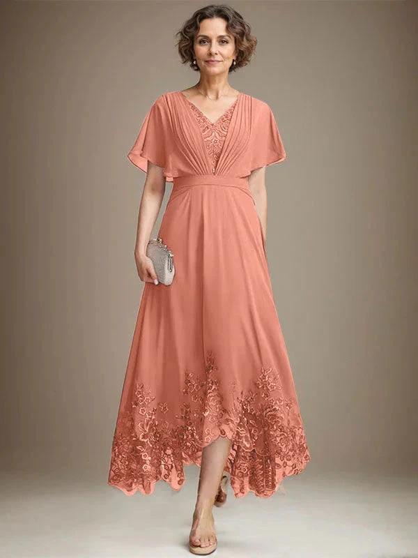 A-line V-Neck Asymmetrical Lace Chiffon Mother of the Bride Dress With Pleated