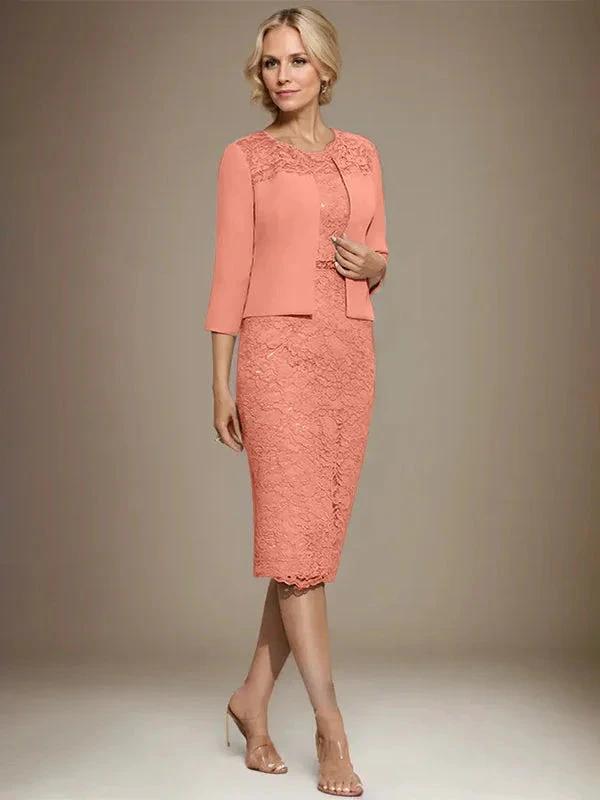 Sheath/Column Scoop Knee-Length Chiffon Lace Mother of the Bride Dress With Beading