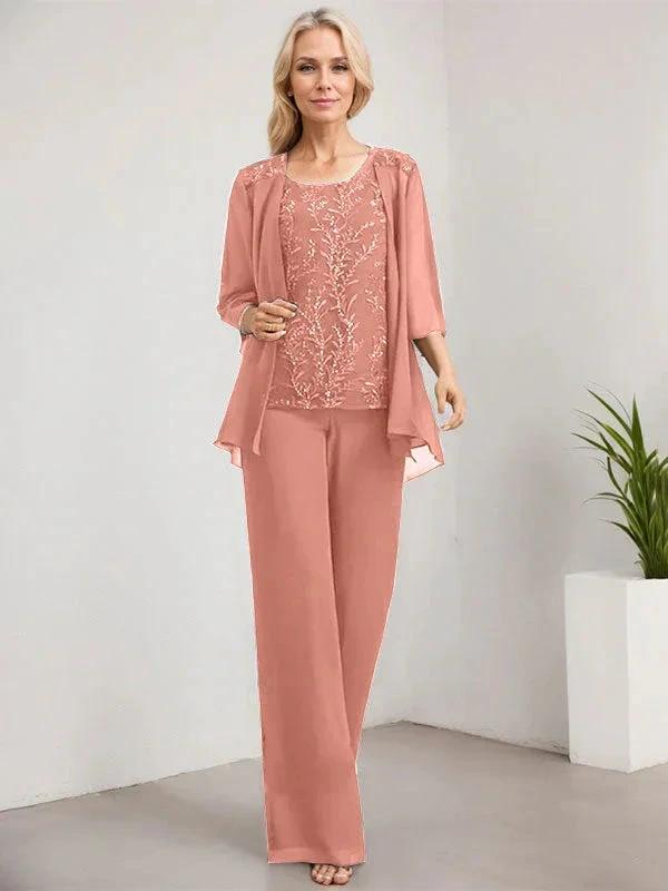Separates Jumpsuit/Pantsuit Scoop Floor-Length Lace Chiffon Mother of the Bride Dress With Sequins