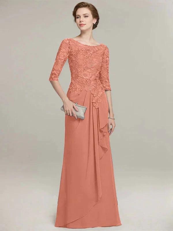 A-line Scoop Illusion Floor-Length Lace Chiffon Mother of the Bride Dress With Cascading Ruffles