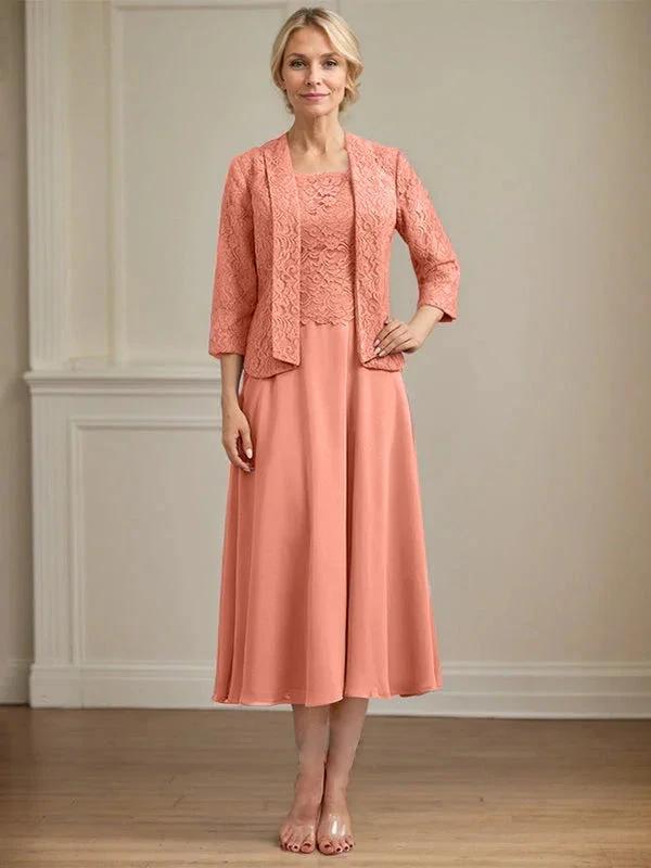 A-line Scoop Tea-Length Lace Chiffon Mother of the Bride Dress