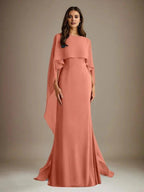 Sheath/Column Boatneck Floor-Length Chiffon Mother of the Bride Dress With Cascading Ruffles