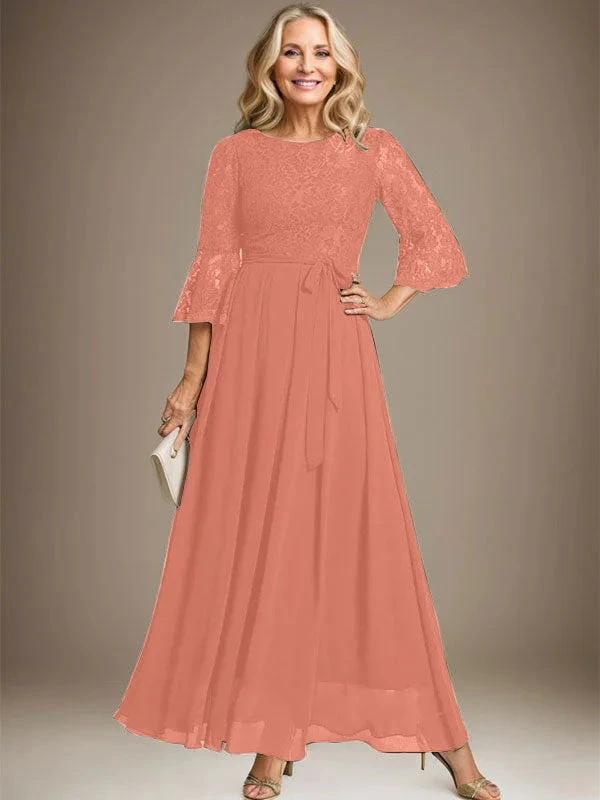 A-line Scoop Ankle-Length Lace Chiffon Mother of the Bride Dress With Bow