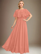 A-line Boat Neck Floor-Length Lace Chiffon Mother of the Bride Dress With Applique Sequins