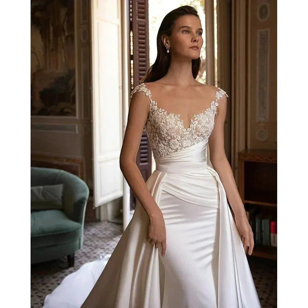 Classic Sexy Wedding Dresses A Line Lace Appliques Long Sleeve Ball Gowns Woman's Formal Bride Beach Party Vesti Dosde Fiesta