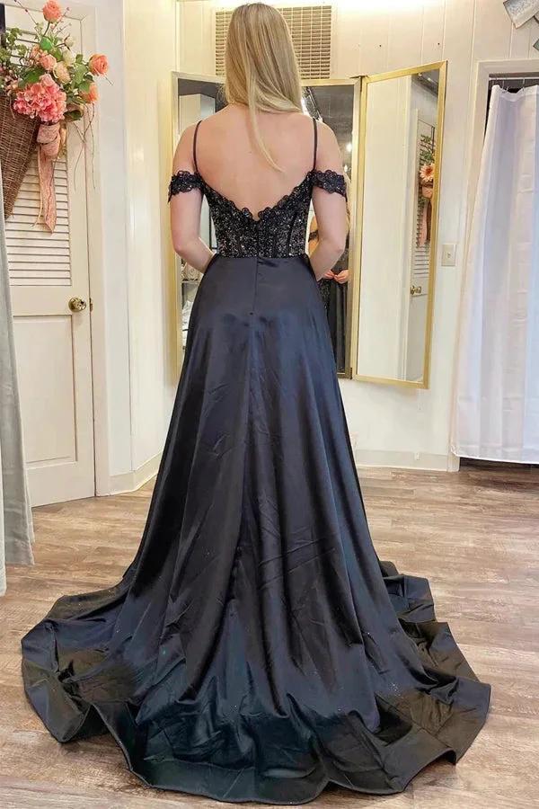 Cold-Shoulder Beaded A-Line Split Prom Dress With Pockets PSK555