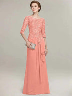 A-line Scoop Illusion Floor-Length Lace Chiffon Mother of the Bride Dress With Cascading Ruffles