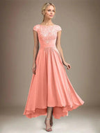 A-line Scoop Illusion Asymmetrical Lace Chiffon Mother of the Bride Dress With Pleated