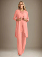 Chiffon Scoop Long Sleeves Mother Of The Bride Pantsuits With Jacket