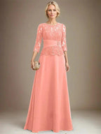 A-line Scoop Illusion Floor-Length Chiffon Lace Mother of the Bride Dress With Pleated Sequins Beading