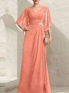 Sheath/Column V-Neck Floor-Length Chiffon Mother of the Bride Dress With Pleated Sequins Beading