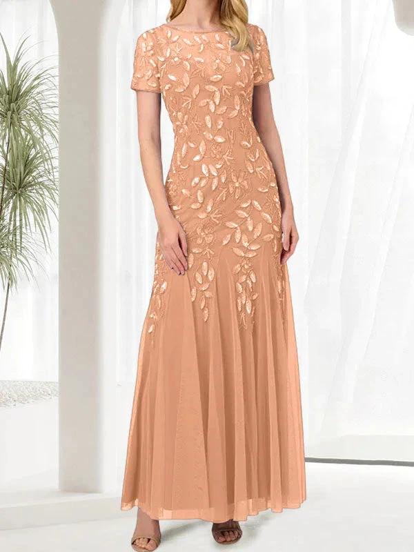 Blue Mermaid Round Neck Long Mother of the Bride Dress With Beadings