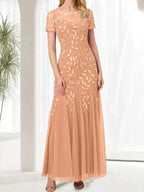 Blue Mermaid Round Neck Long Mother of the Bride Dress With Beadings