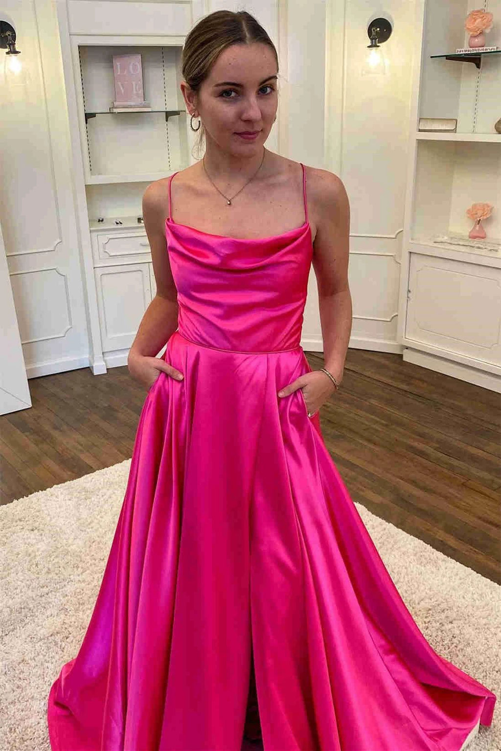 Cowl Neck Satin Formal Dress With Slit SYP122
