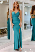 Cowl Neck Satin Mermaid Blue Long Prom Dress with Slit PSK608