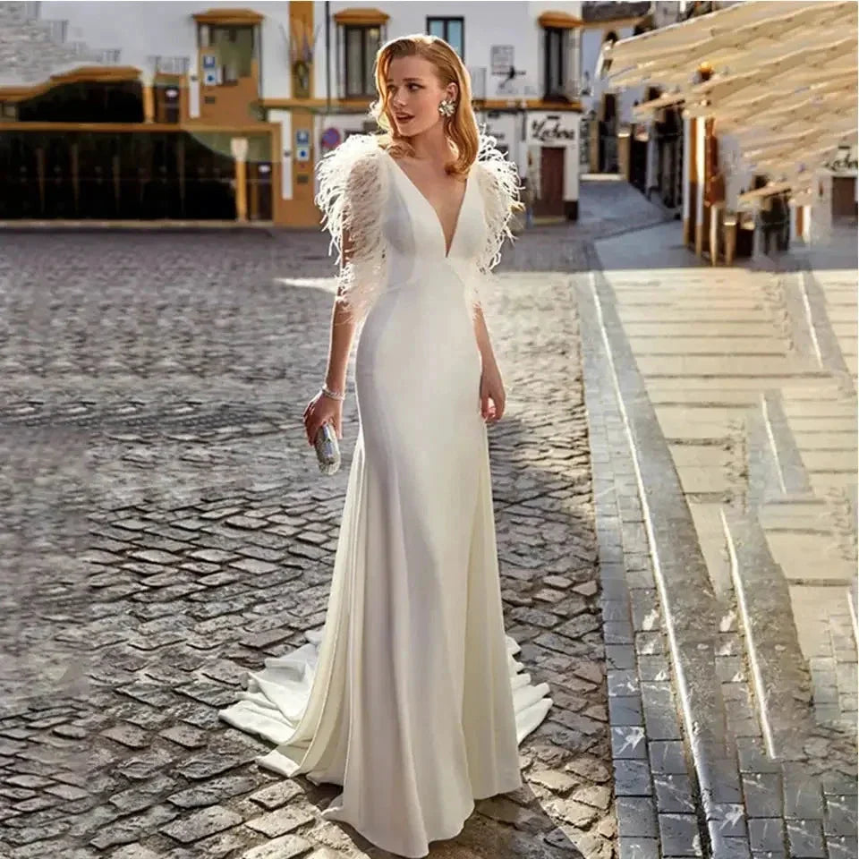 Custom Made Feather Mermaid Elegant V-neck Sleeveless Stain Wedding Dress Vestido De Novia Bridal Gown For Women