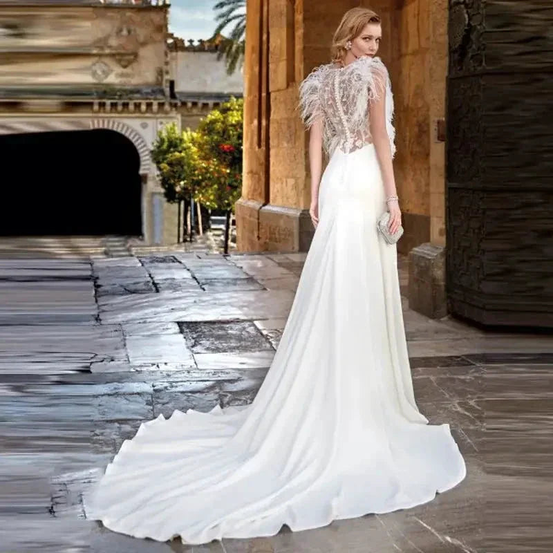 Custom Made Feather Mermaid Elegant V-neck Sleeveless Stain Wedding Dress Vestido De Novia Bridal Gown For Women